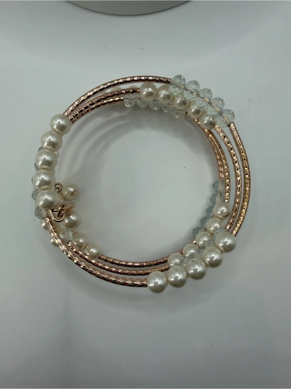 Faux Pearl Wrap Coil Bracelet | Rose Gold Multi-Strand Memory Wire